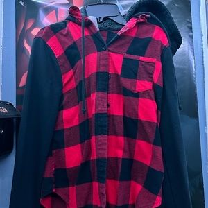 Hooded red plaid button down.